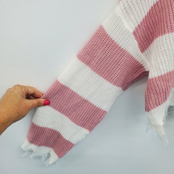 Womens L Striped Distressed Cropped Sweater Pink White Long Sleeve Grunge Y2K - Picture 9 of 16